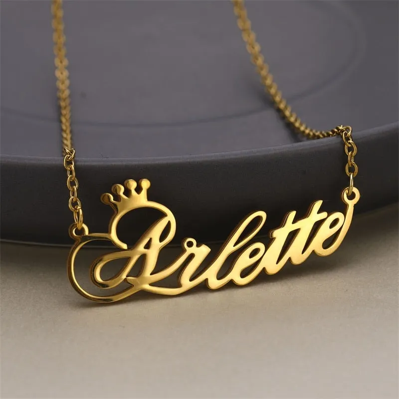 18k Gold Plated Name Necklace With Crown- Personalized Gift For Women