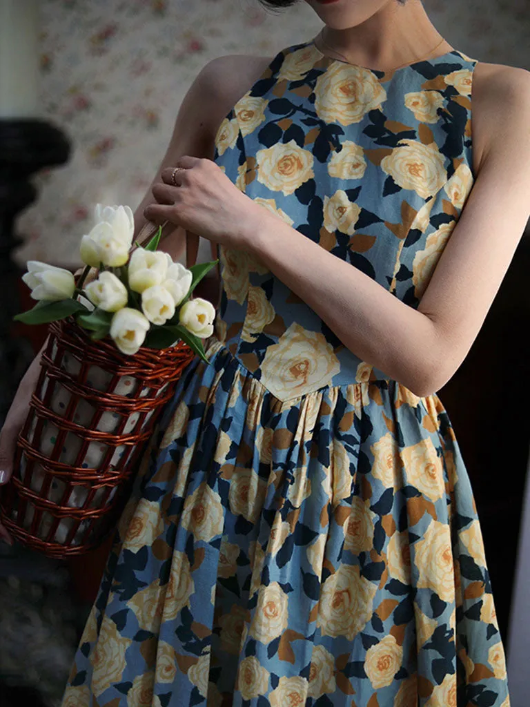 1950S Hepburn Style Outfits Blue And Yellow Floral Print Back Hollow Heart Swing Dress