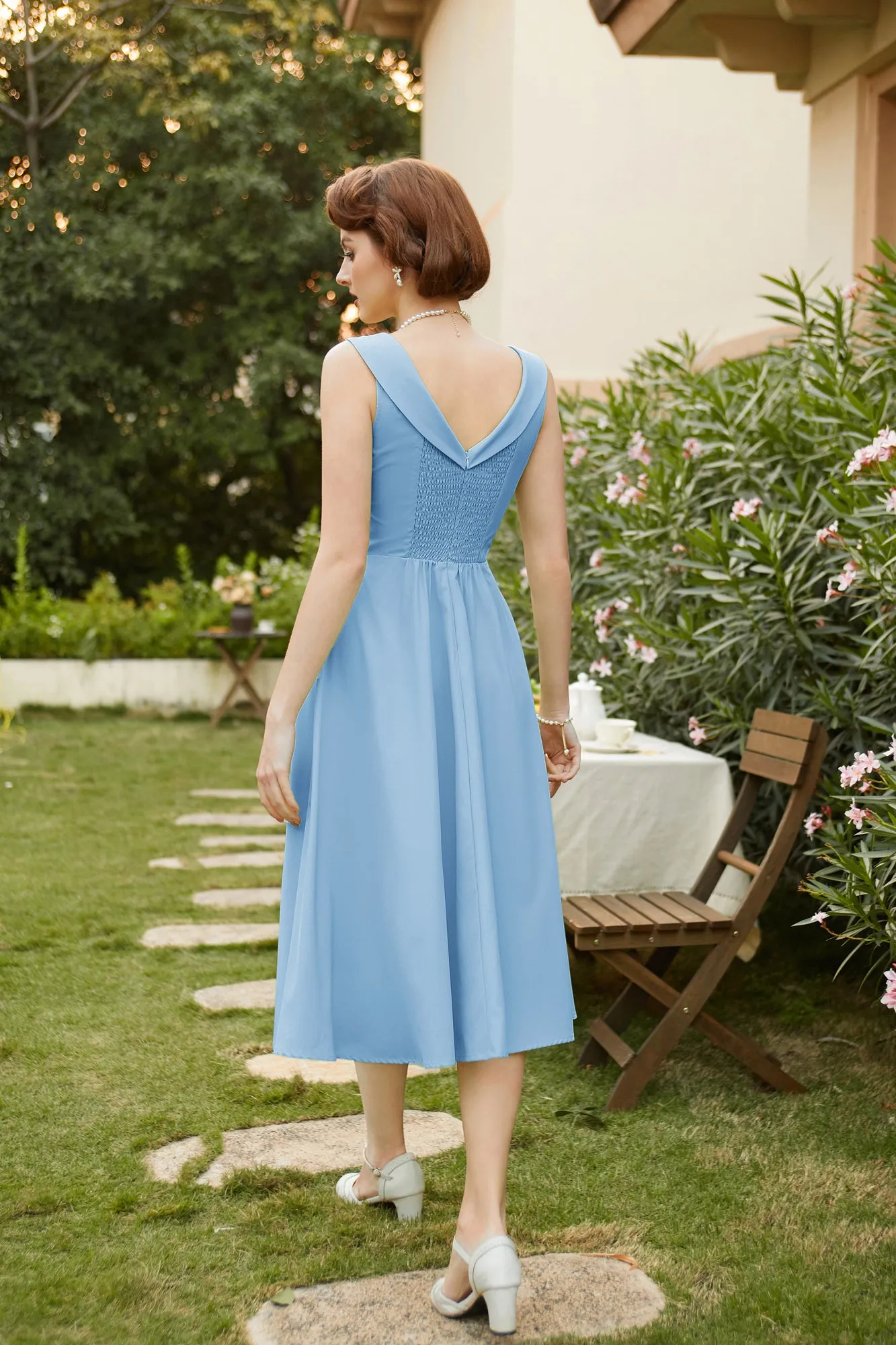 1950s Vintage Cocktail Swing Dresses Summer Square Neck Sleeveless A-Line Midi Dress with Pockets