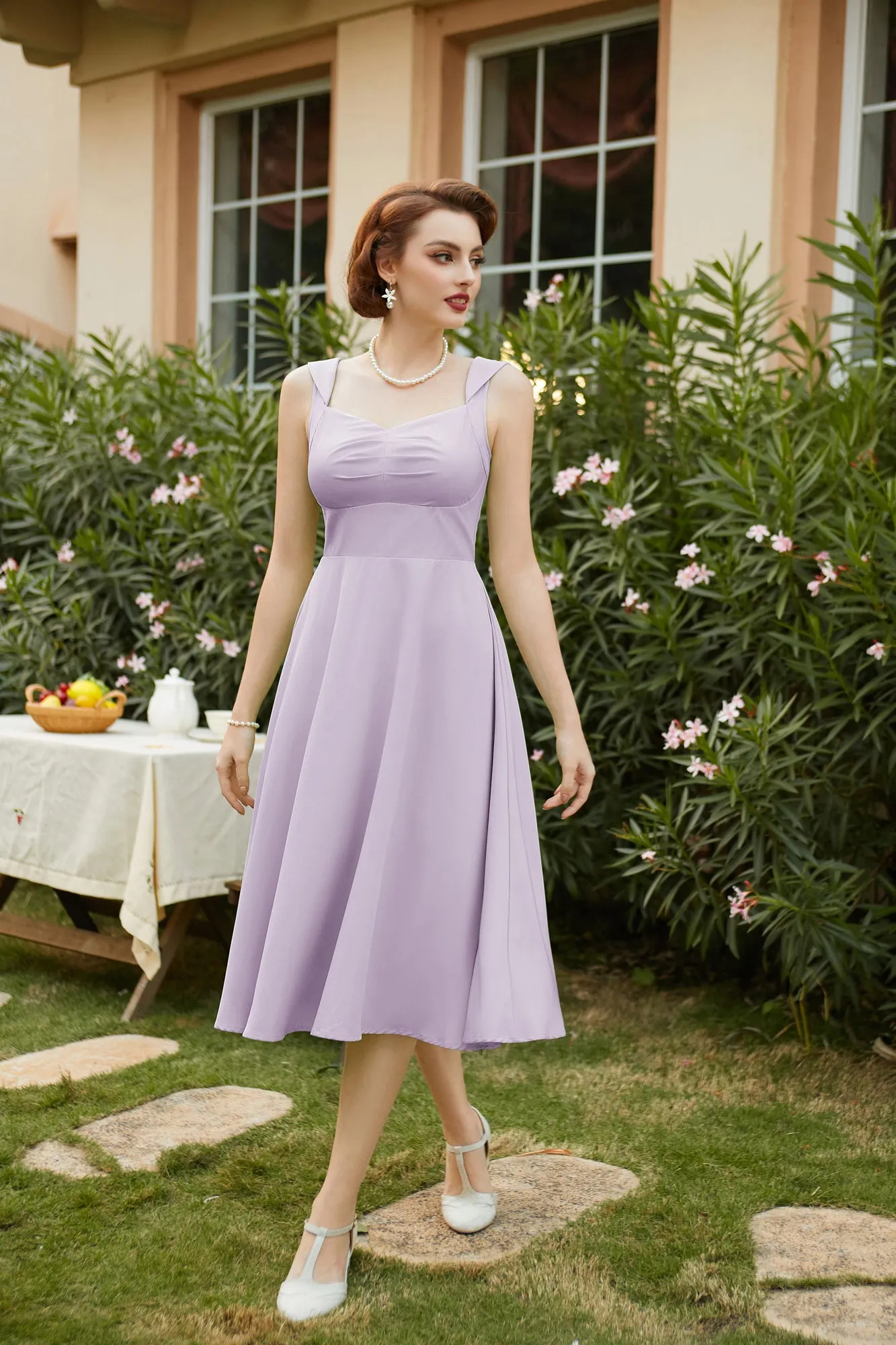 1950s Vintage Cocktail Swing Dresses Summer Square Neck Sleeveless A-Line Midi Dress with Pockets