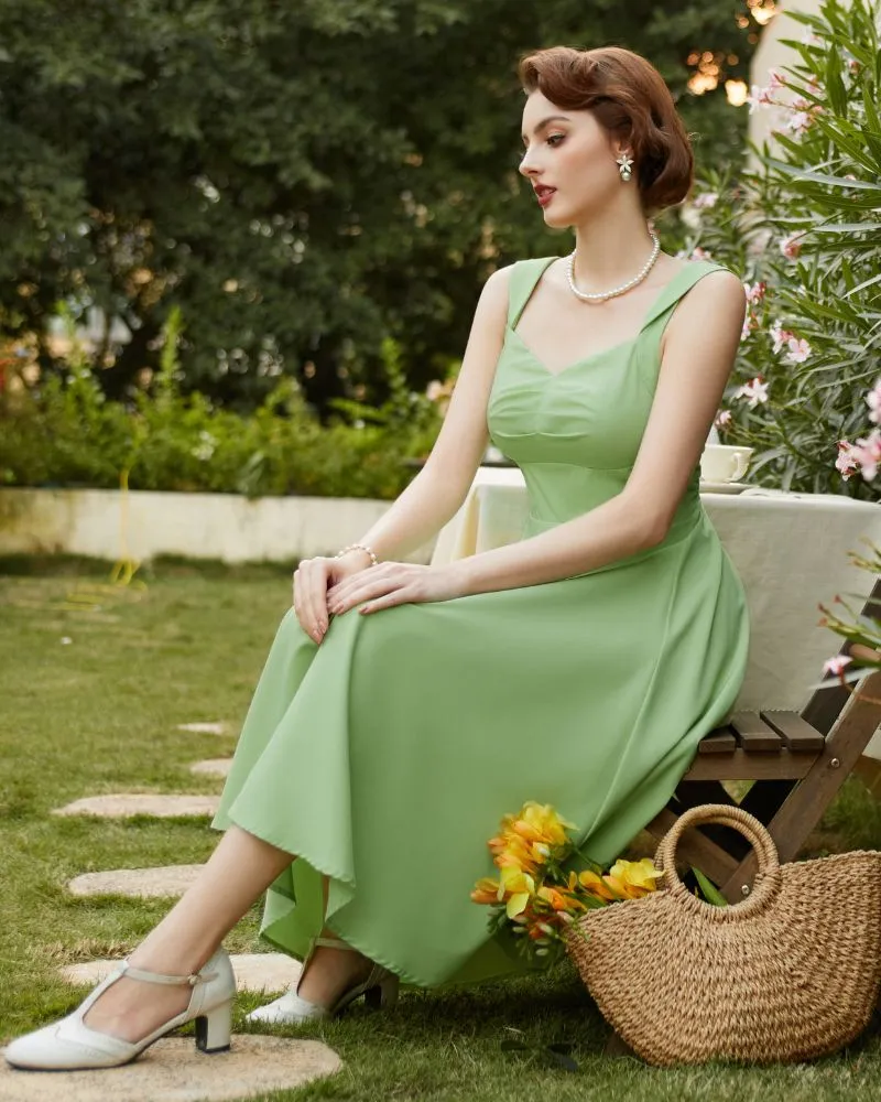 1950s Vintage Cocktail Swing Dresses Summer Square Neck Sleeveless A-Line Midi Dress with Pockets