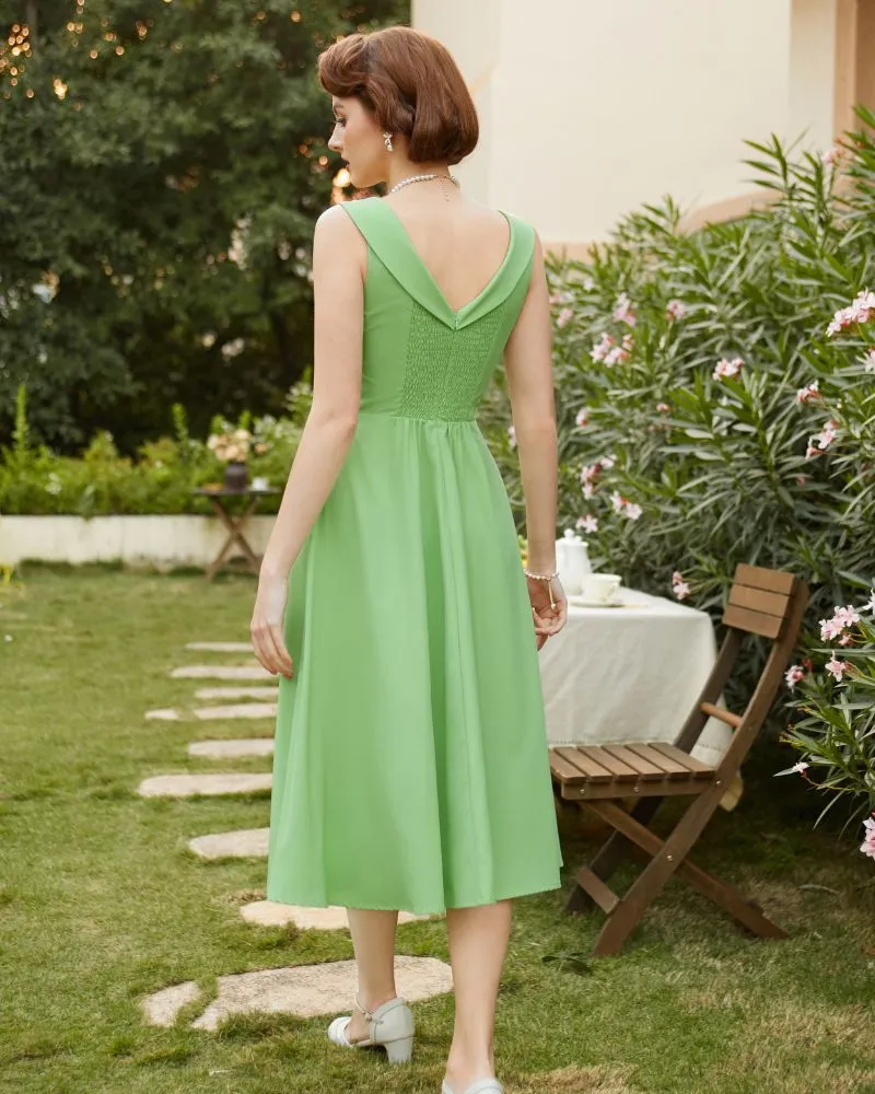 1950s Vintage Cocktail Swing Dresses Summer Square Neck Sleeveless A-Line Midi Dress with Pockets