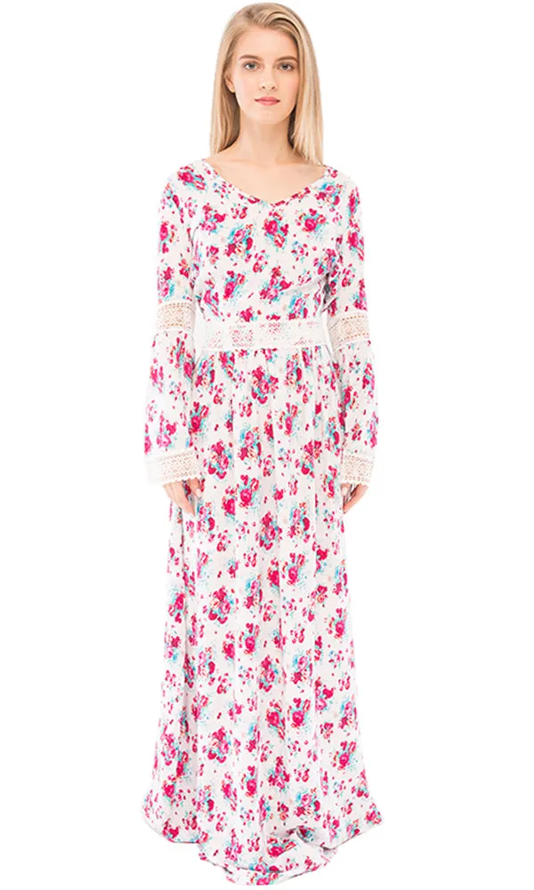 38909 Floral Maxi Dress - White & Fuchsia