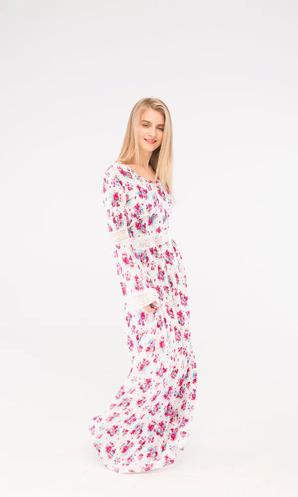 38909 Floral Maxi Dress - White & Fuchsia