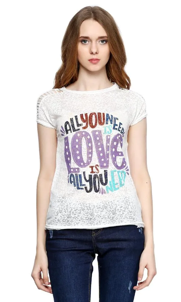 39279 Text Print Burnout T-Shirt - Off White