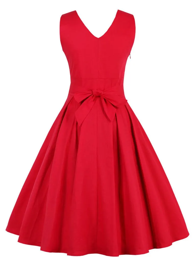 50s Retro Style Solid Color V Neck Dress