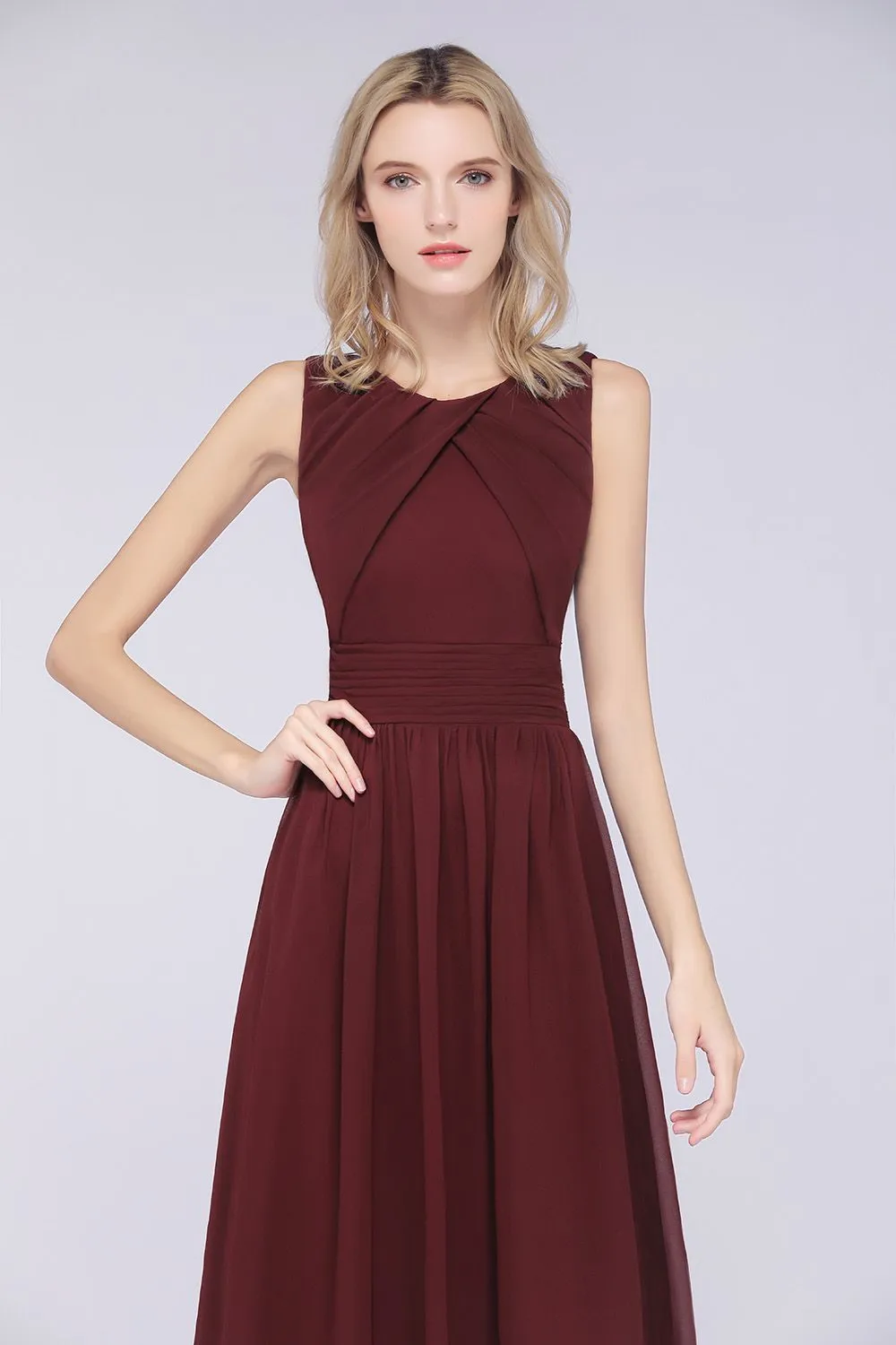 A-Line Chiffon Round-Neck Sleeveless Long Bridesmaid Dress with Ruffles