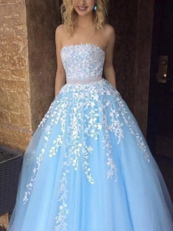 A-line Strapless Sky_Blue Tulle Long Prom Dresses,Cheap Prom Dresses,PDY0471