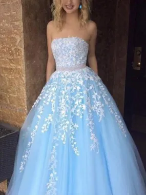 A-line Strapless Sky_Blue Tulle Long Prom Dresses,Cheap Prom Dresses,PDY0471