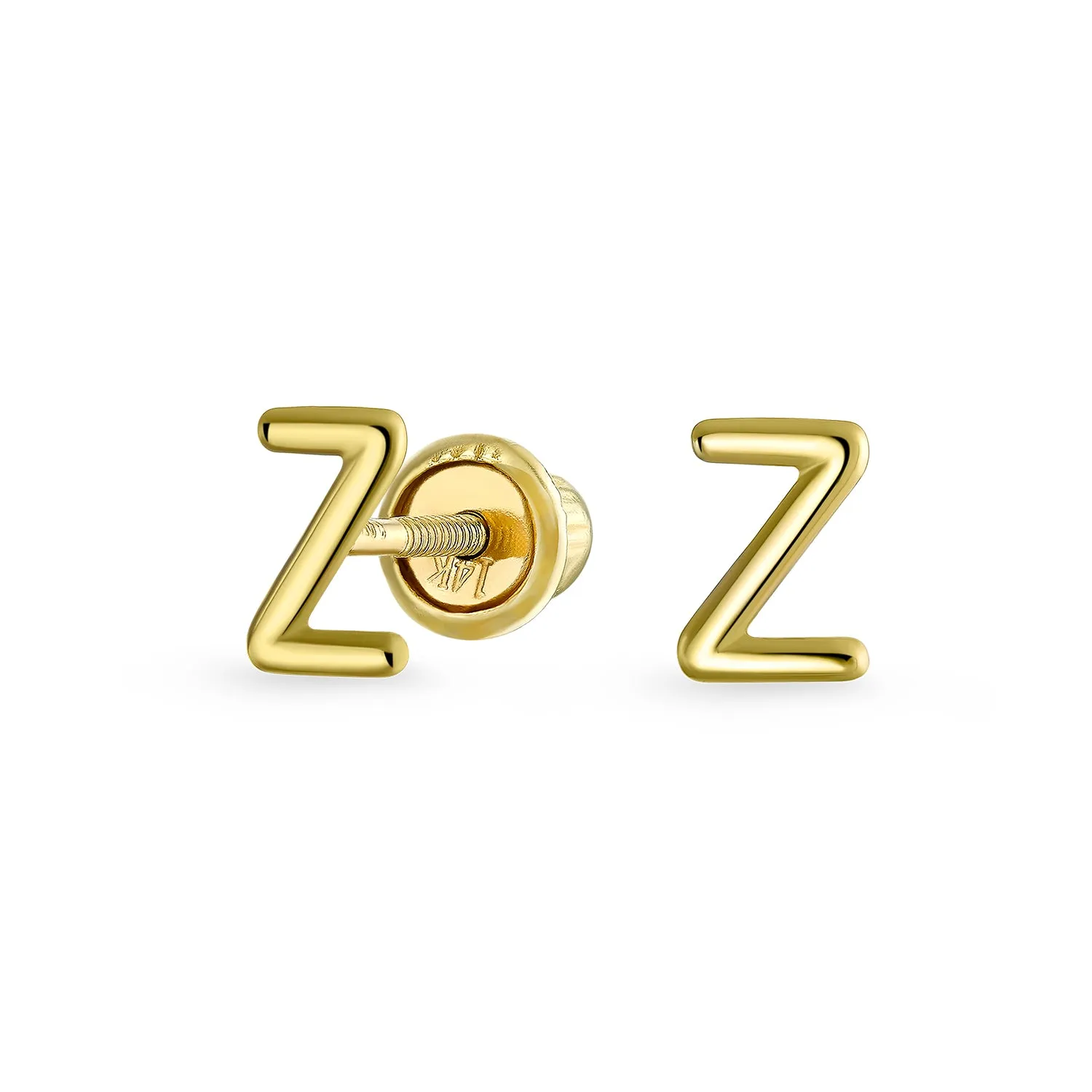 A-Z Geometric Alphabet Letter Initial Stud Earrings Real 14K Gold