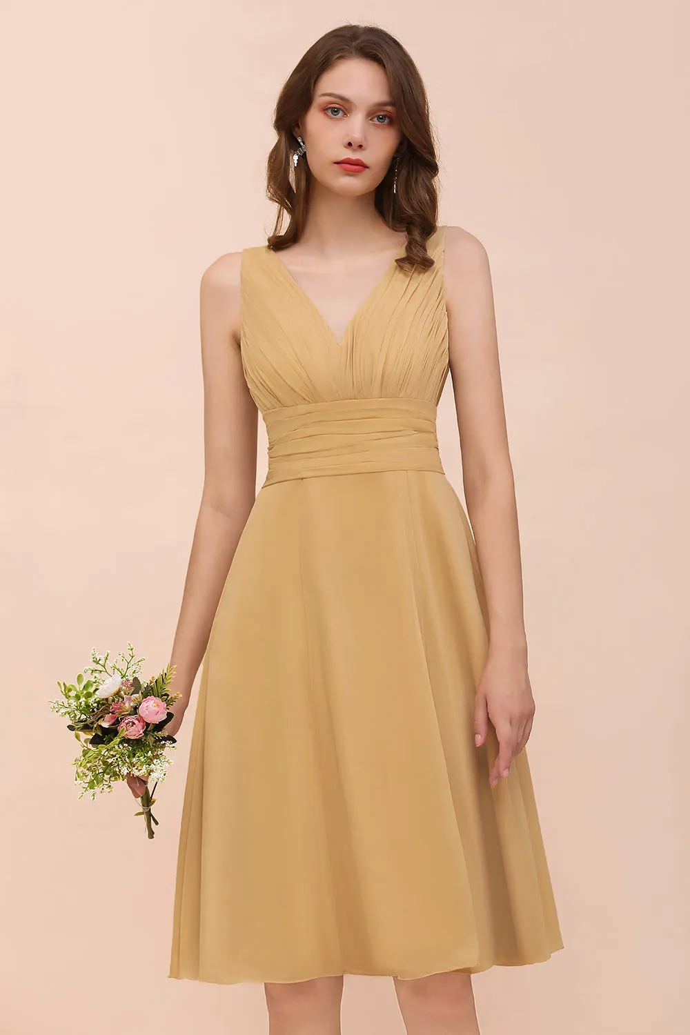 Affordable Gold Short A-line V-neck Chiffon Bridesmaid Dress with Bow