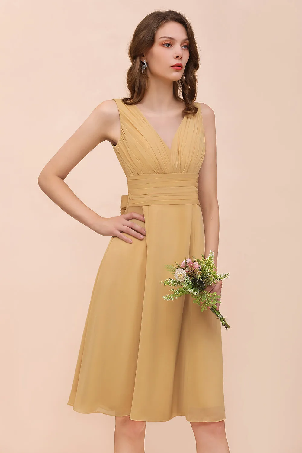 Affordable Gold Short A-line V-neck Chiffon Bridesmaid Dress with Bow