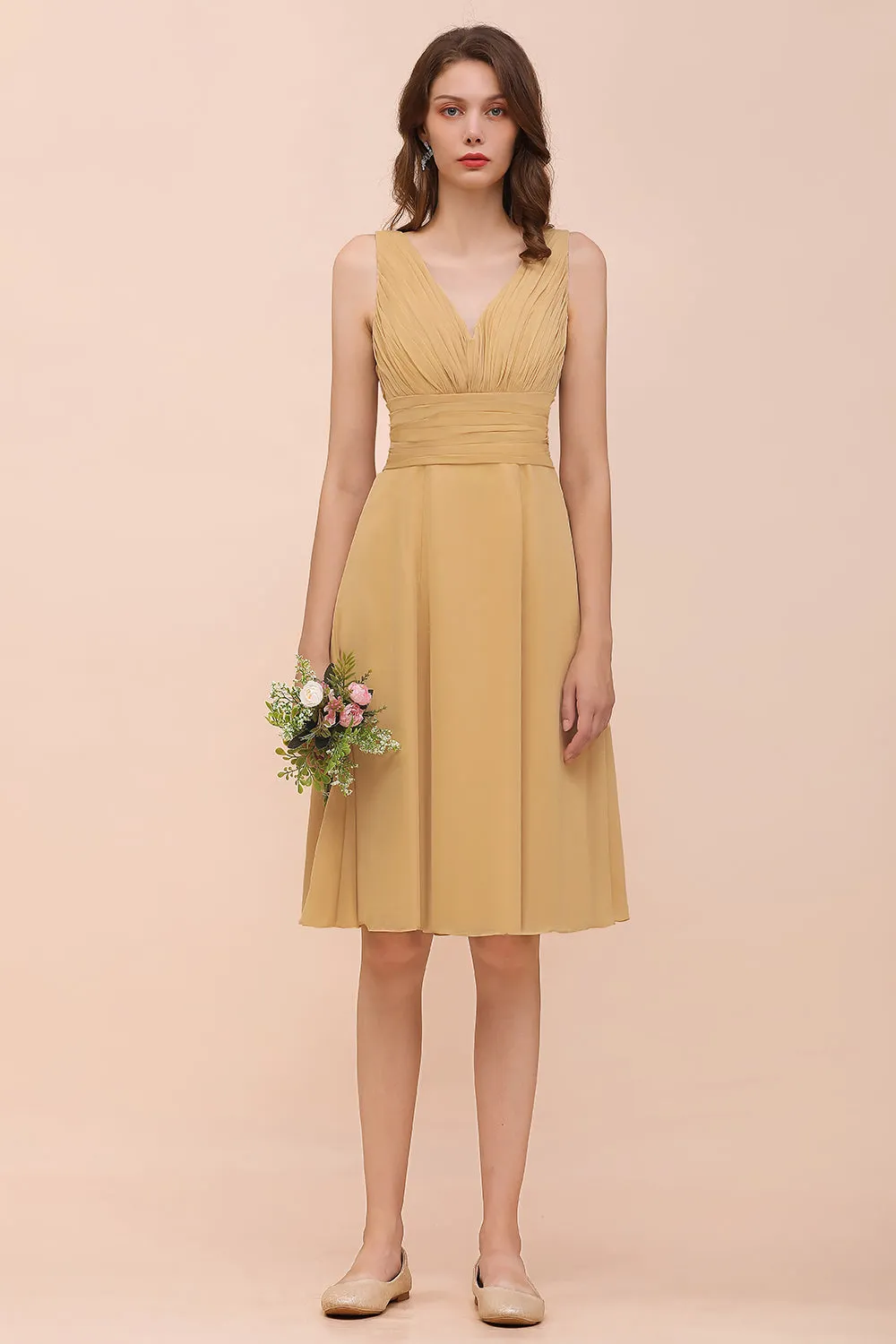 Affordable Gold Short A-line V-neck Chiffon Bridesmaid Dress with Bow