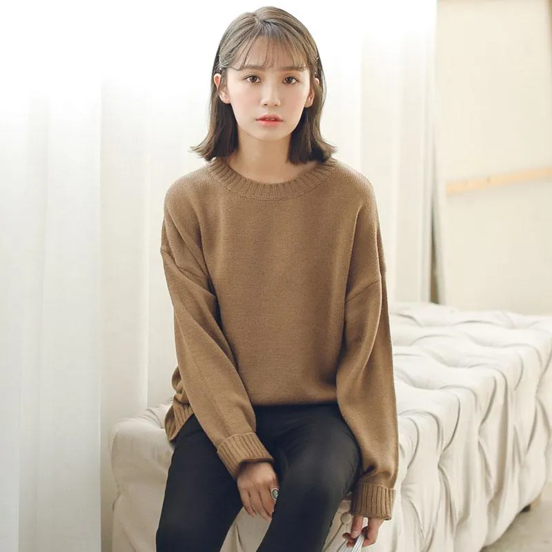 All Match Casual Basic Solid O-neck Long Sleeve Loose Female Sweaters