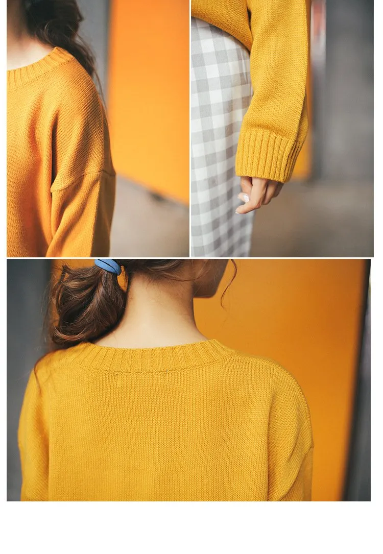 All Match Casual Basic Solid O-neck Long Sleeve Loose Female Sweaters