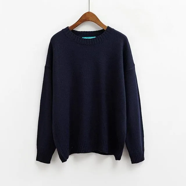 All Match Casual Basic Solid O-neck Long Sleeve Loose Female Sweaters