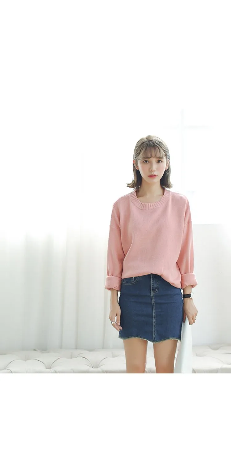 All Match Casual Basic Solid O-neck Long Sleeve Loose Female Sweaters