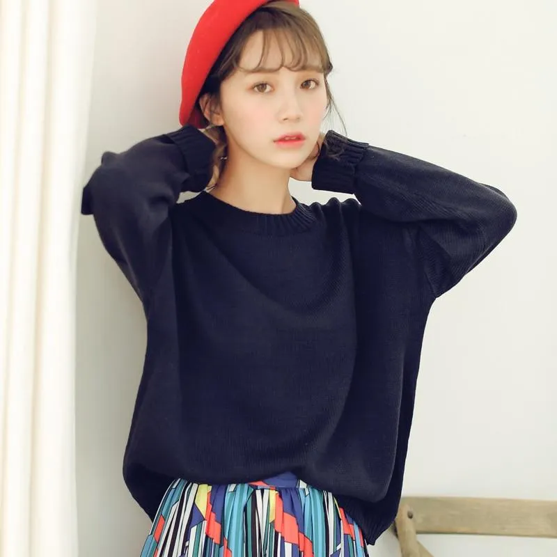 All Match Casual Basic Solid O-neck Long Sleeve Loose Female Sweaters