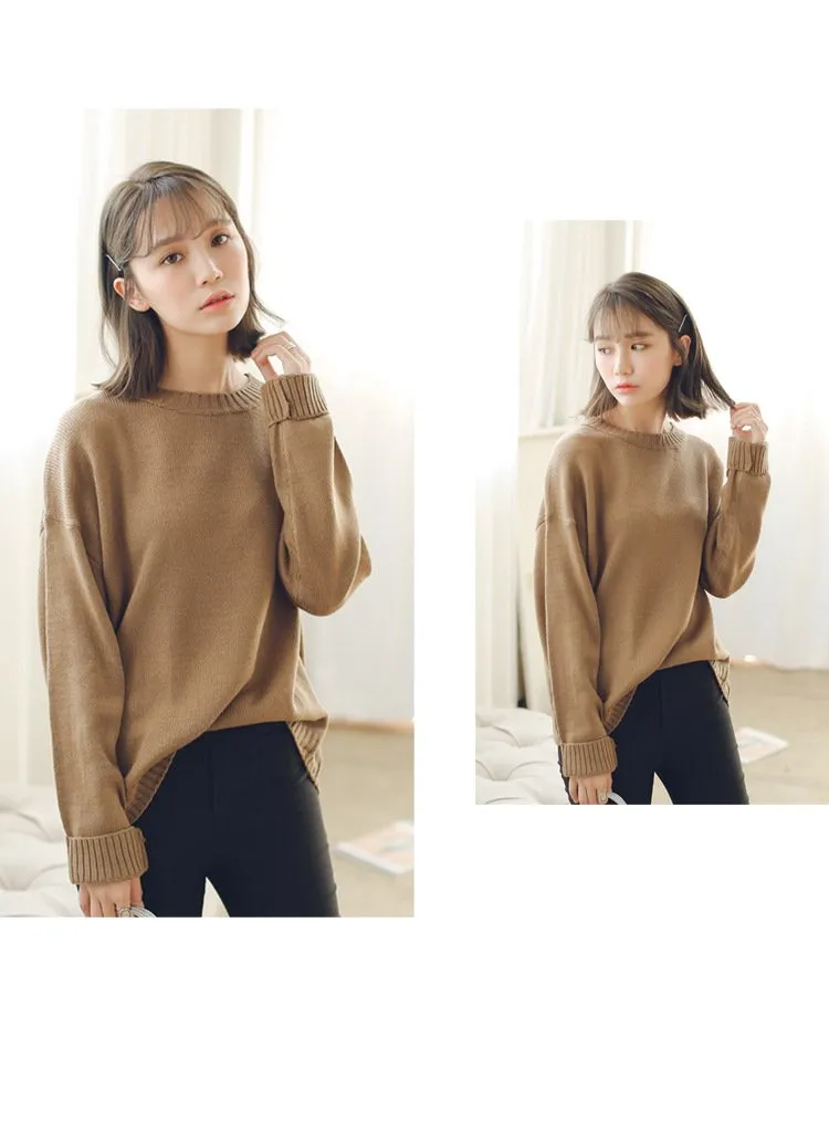 All Match Casual Basic Solid O-neck Long Sleeve Loose Female Sweaters