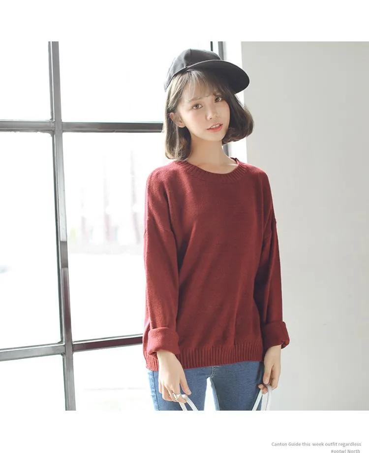 All Match Casual Basic Solid O-neck Long Sleeve Loose Female Sweaters