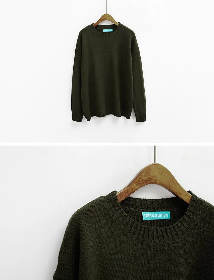 All Match Casual Basic Solid O-neck Long Sleeve Loose Female Sweaters