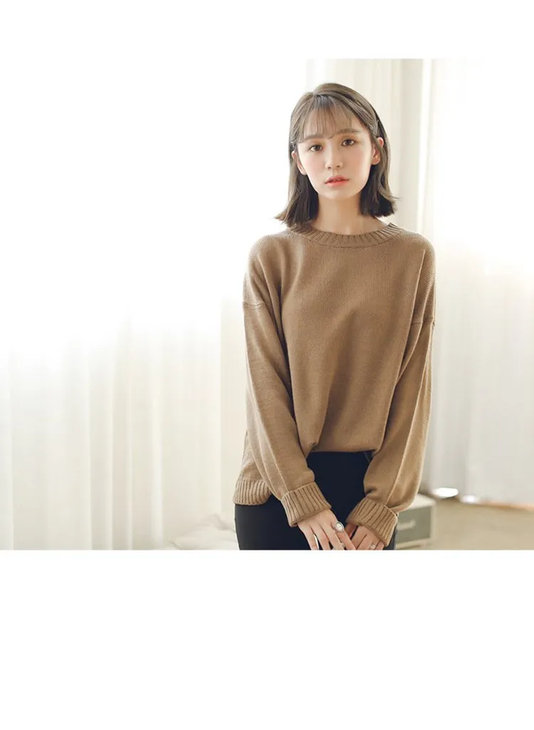 All Match Casual Basic Solid O-neck Long Sleeve Loose Female Sweaters