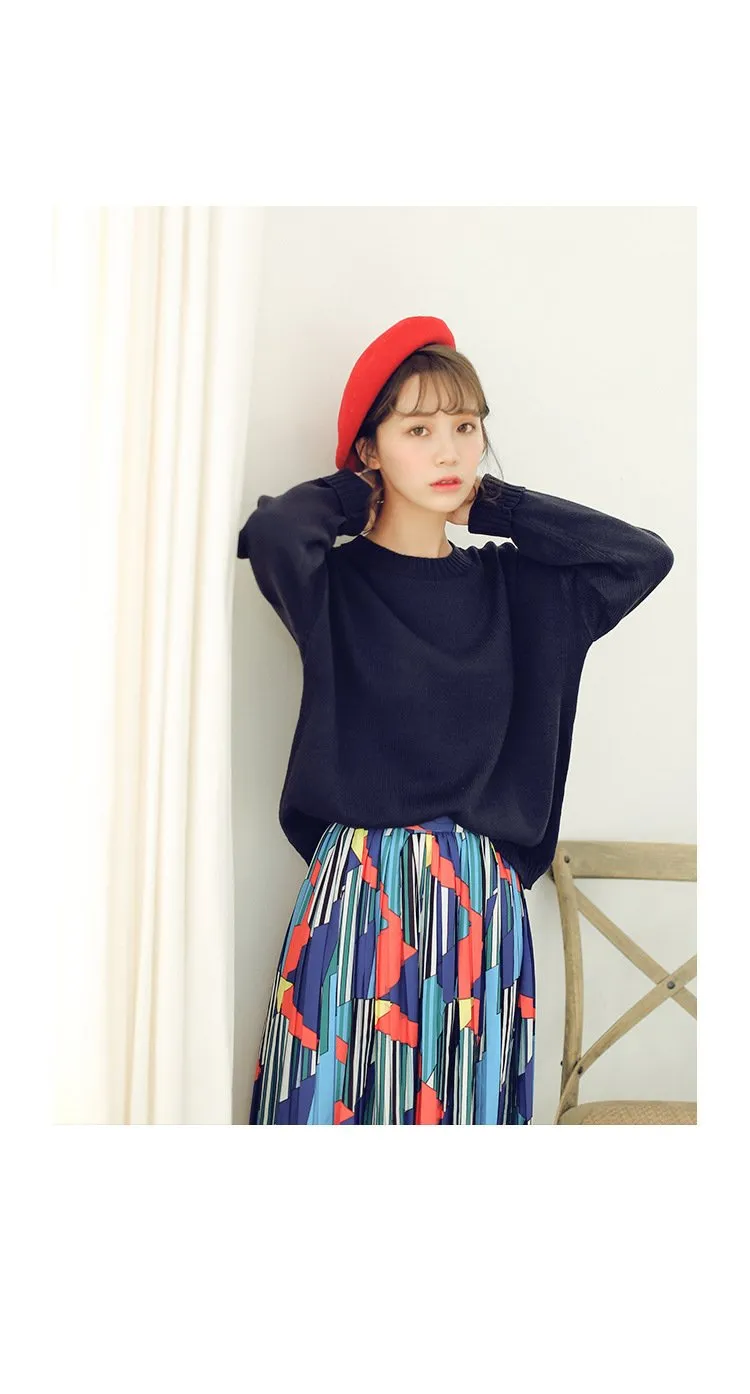 All Match Casual Basic Solid O-neck Long Sleeve Loose Female Sweaters