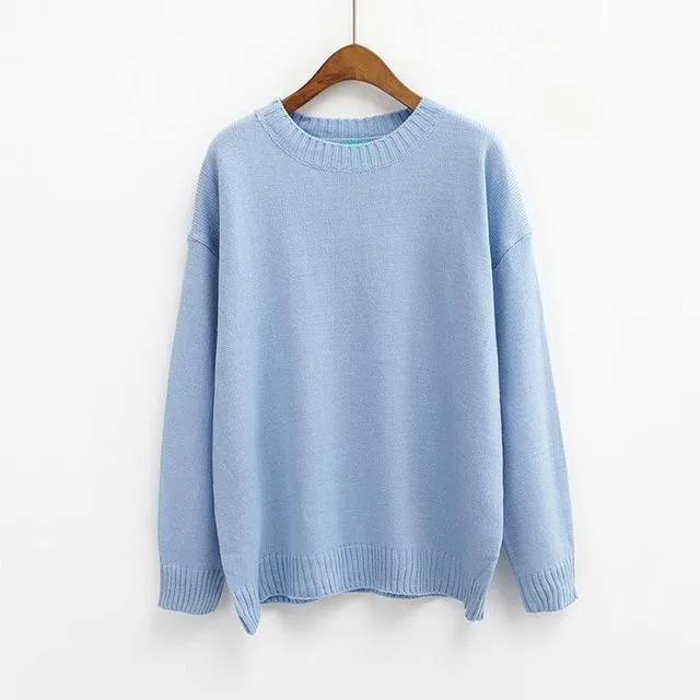 All Match Casual Basic Solid O-neck Long Sleeve Loose Female Sweaters