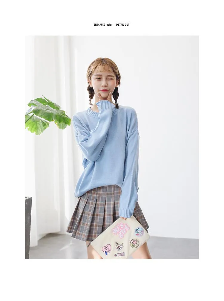 All Match Casual Basic Solid O-neck Long Sleeve Loose Female Sweaters