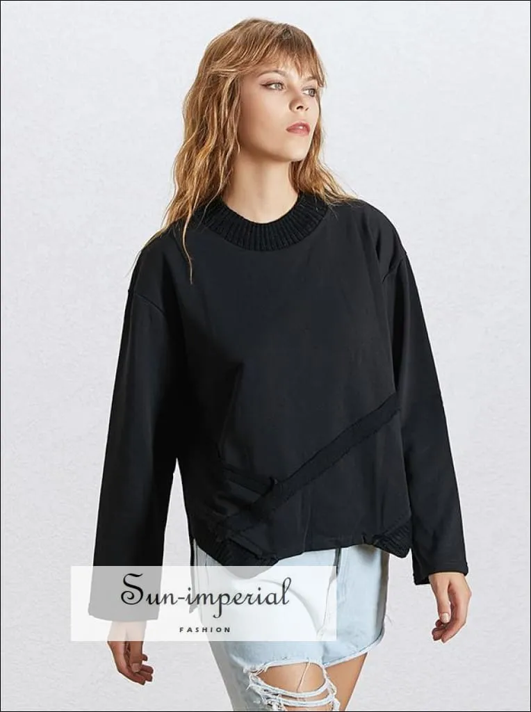 Allison Sweatshirt - Solid Black Oversize Sweatshirt for Women O Neck Long Sleeve side Split