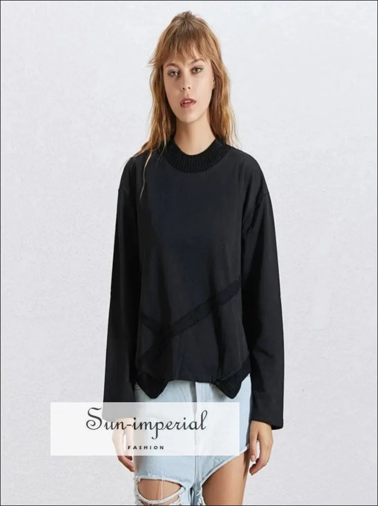 Allison Sweatshirt - Solid Black Oversize Sweatshirt for Women O Neck Long Sleeve side Split