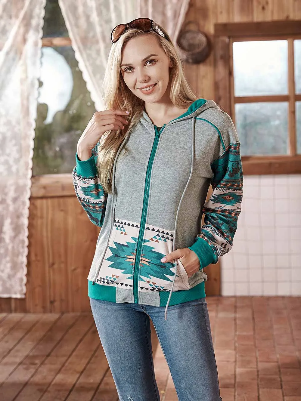 American Bling Women Patchwork Aztec Zip Up Hoodie