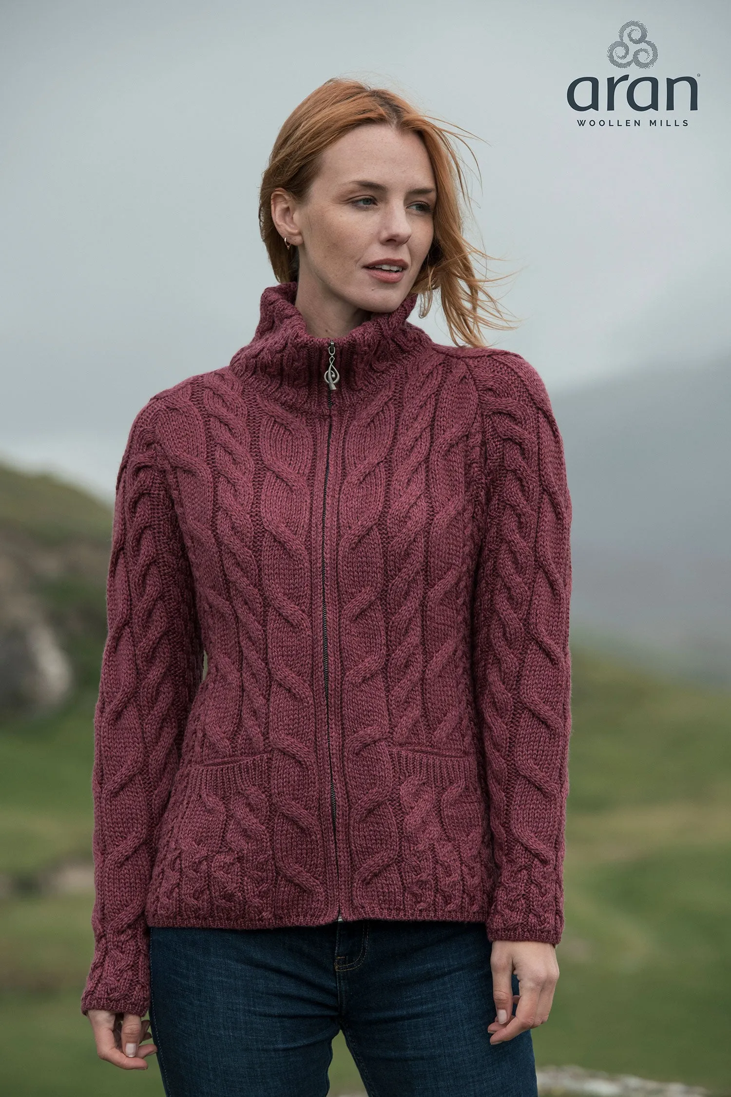 Aran Merino Wool Full Zip Cardigan