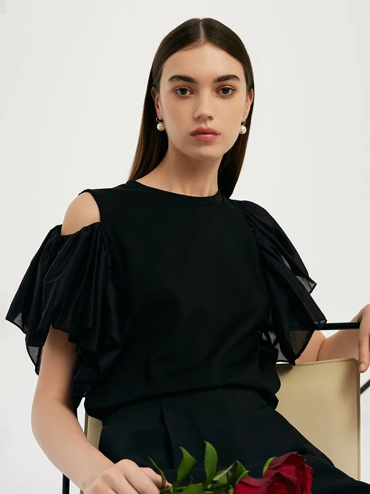 Asymmetric Patchwork Ruffle Women T-Shirt