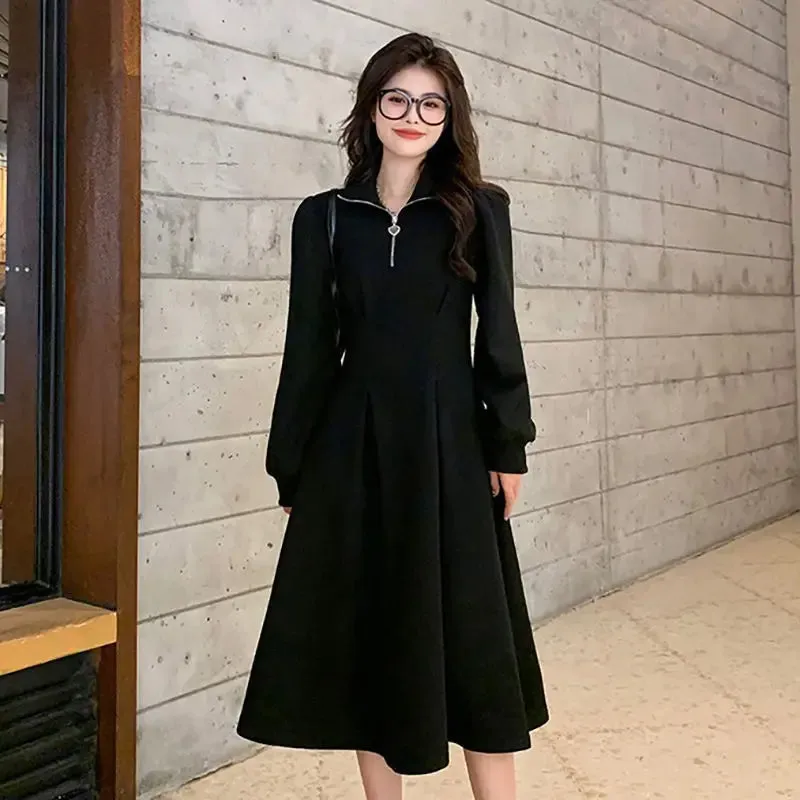 Autumn Korean Kpop Black Sport Dress Women School Casual Long Sleeve Zip Dresses Streetwear Plus Velvet