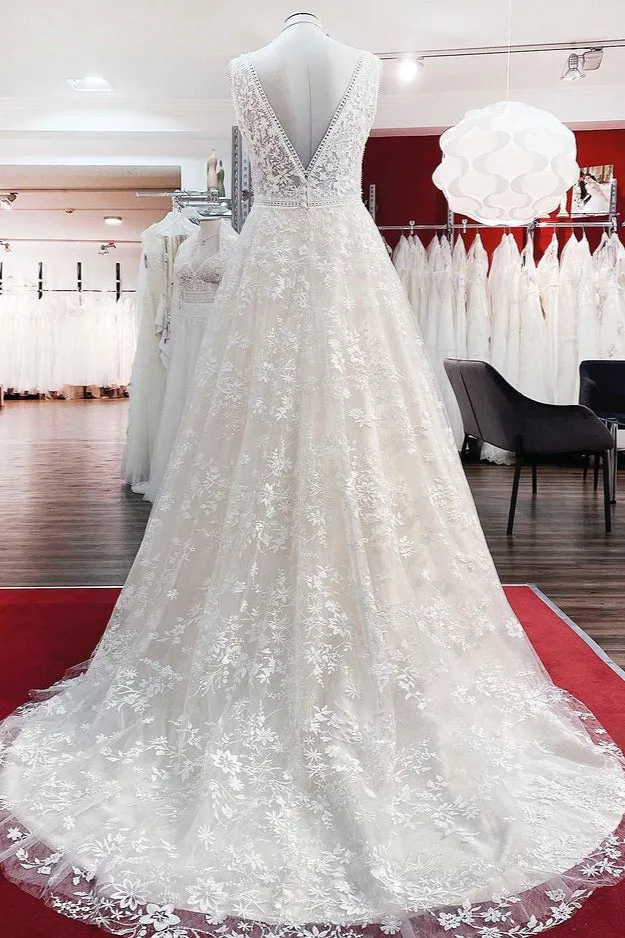 Beautiful Long A-Line Lace Appliques Tulle Open Back Wedding Dresses