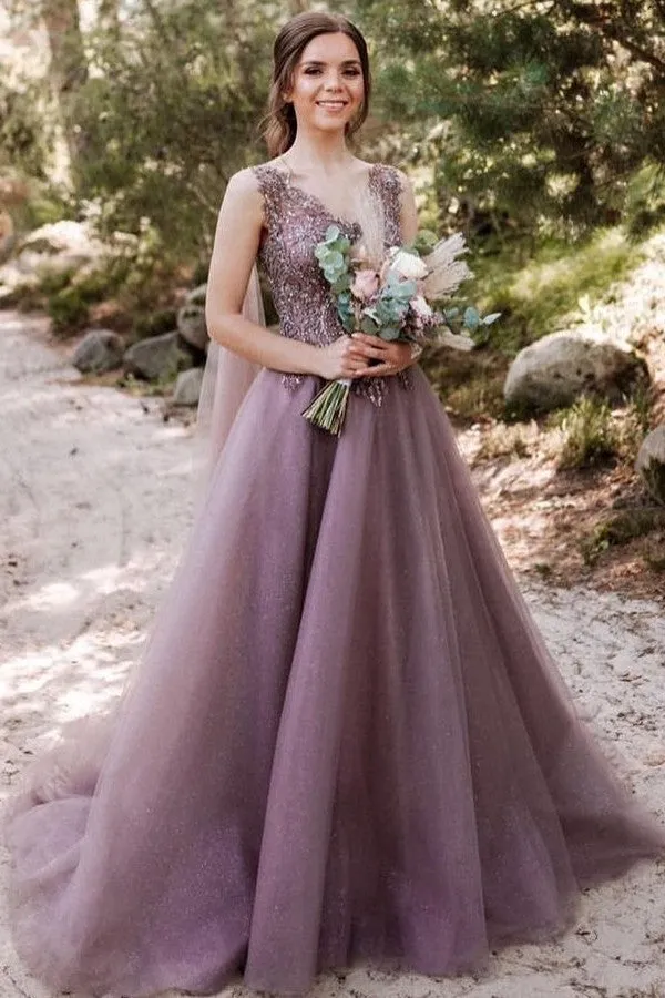 Beautiful Long V-neck Tulle A-line Prom Dress