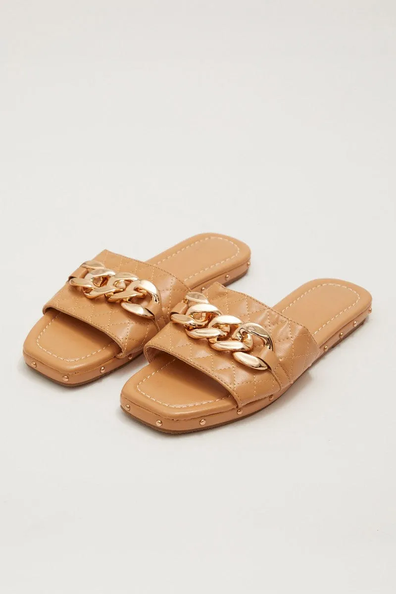 Beige Chain Decor Quilted Slides Slippers