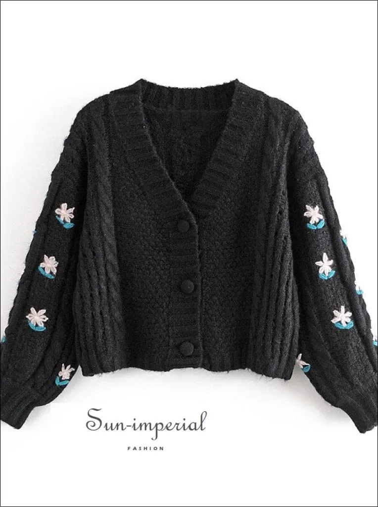 Beige Letran Long Sleeve Floral Embroidery Vintage Buttoned Cardigan Women Casual Knitted Sweater