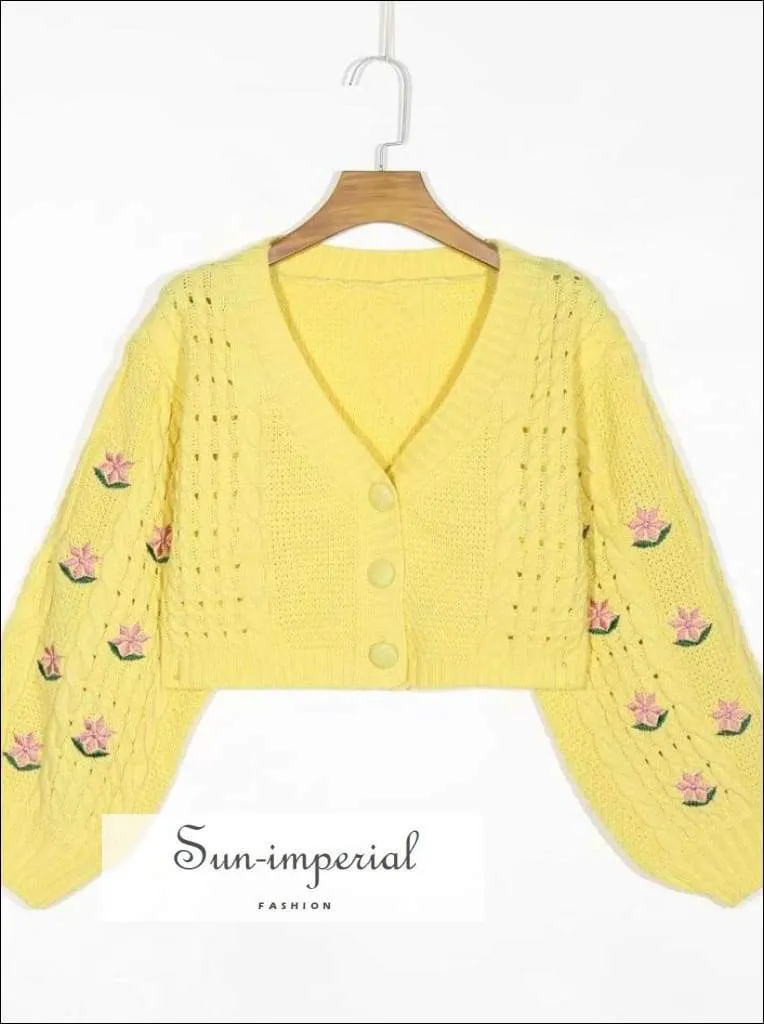 Beige Letran Long Sleeve Floral Embroidery Vintage Buttoned Cardigan Women Casual Knitted Sweater