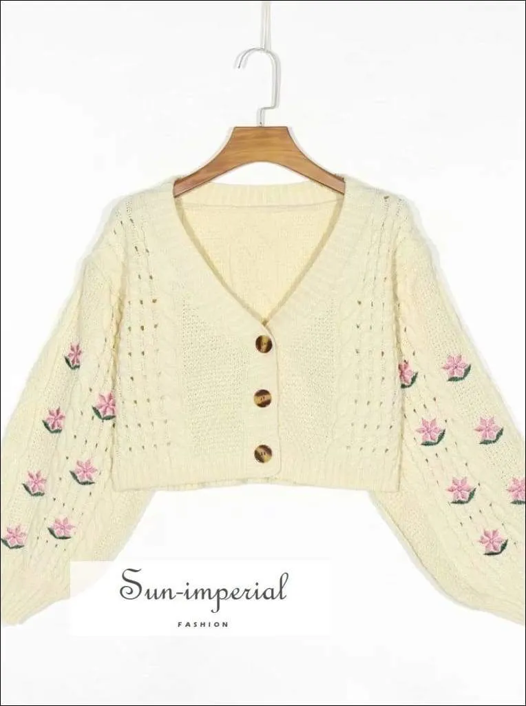 Beige Letran Long Sleeve Floral Embroidery Vintage Buttoned Cardigan Women Casual Knitted Sweater