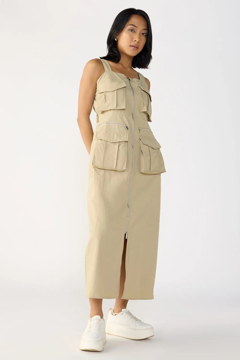 Beige Long Trench Utility Dress