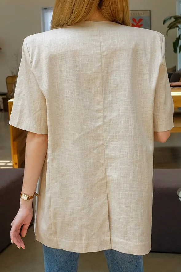 Beige Non Collar Short Sleeved Linen Jackets Korean Womens