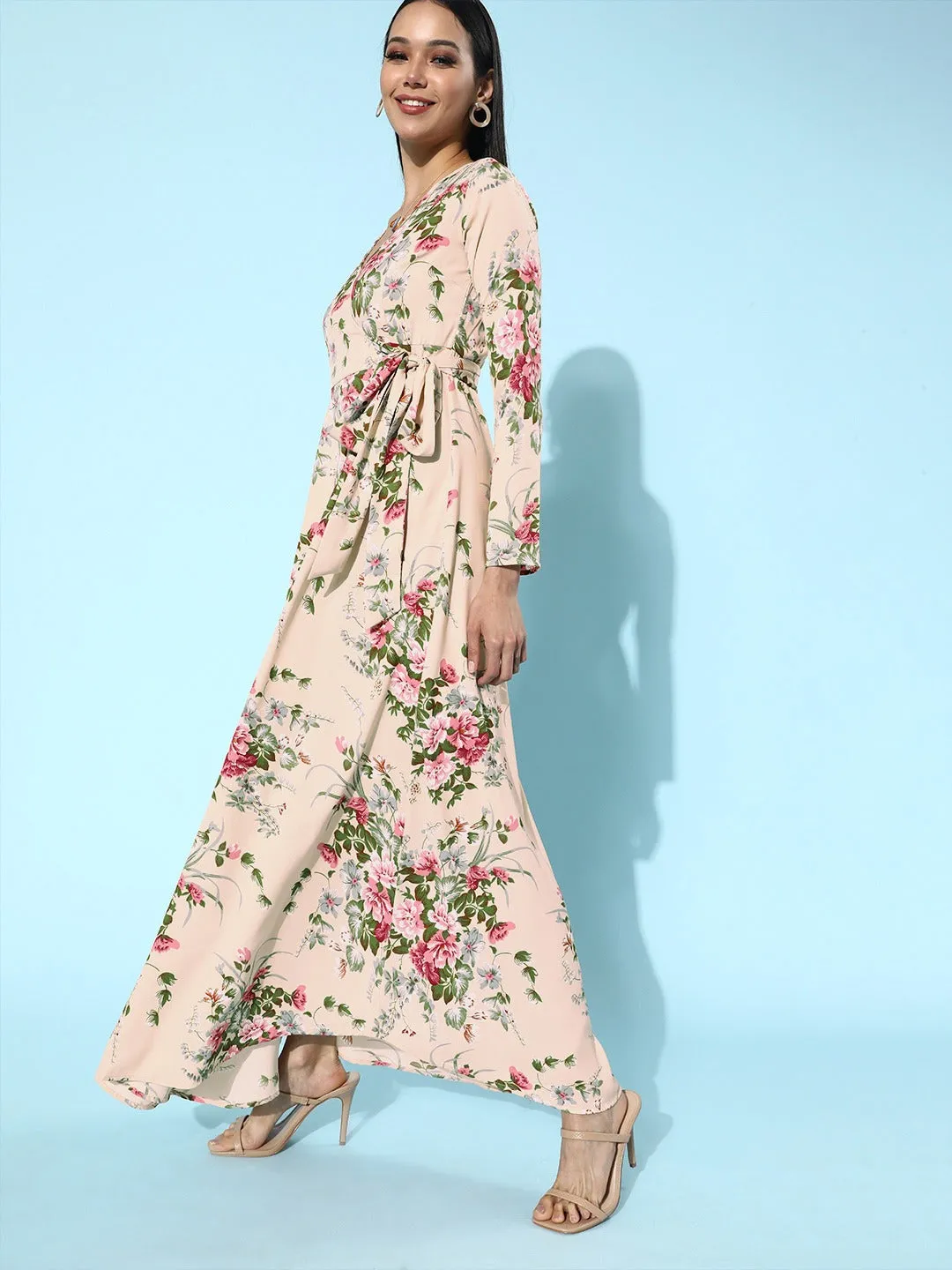 Berrylush Women Beige Floral Printed V-Neck Wrap Style Maxi Dress