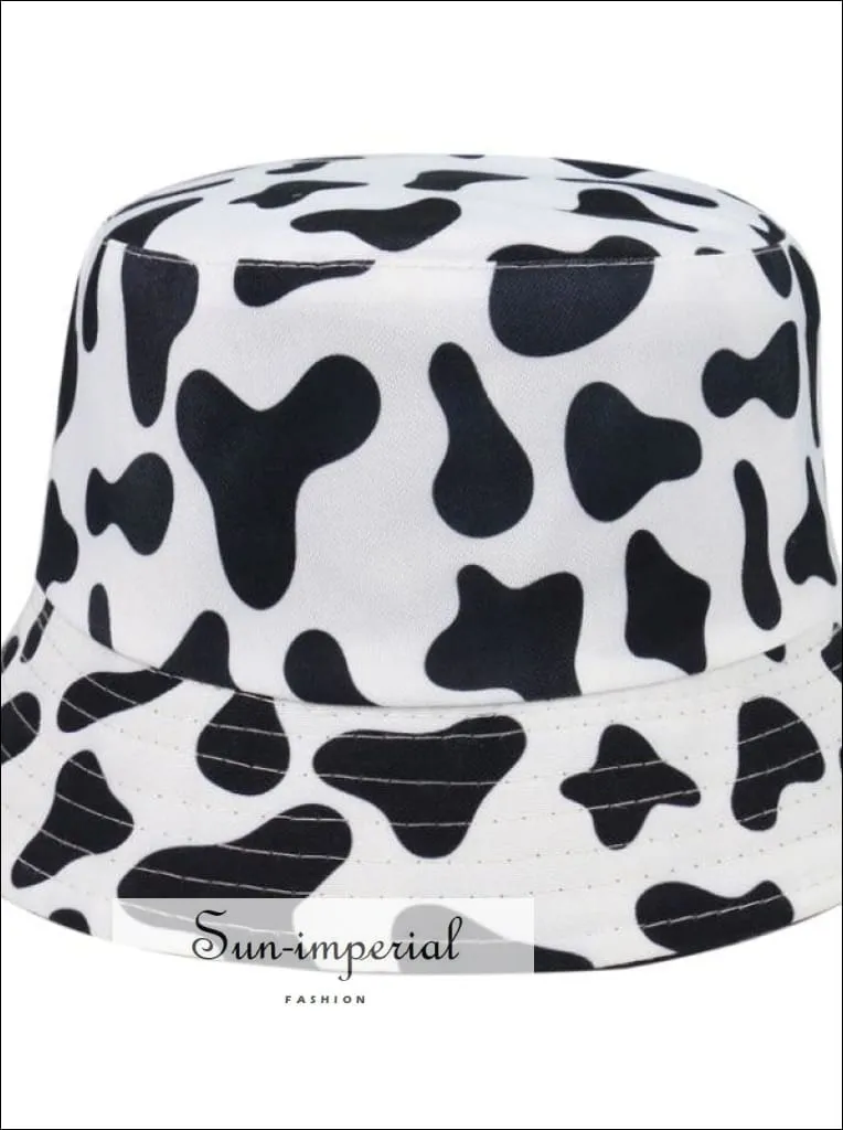 Black function Print Reversible Black White Cow Pattern Women Bucket Hat