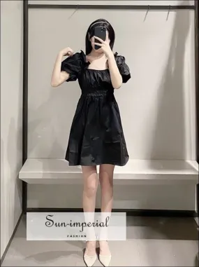 Black Short Puff Sleeve Square Neck Mini Dress