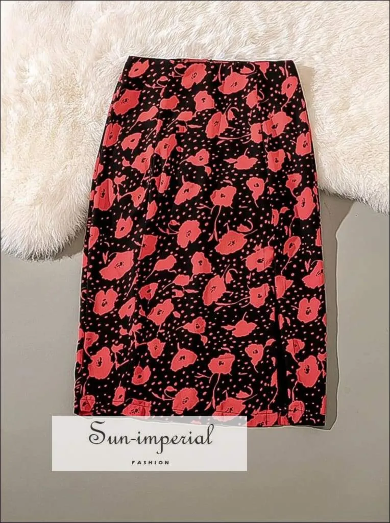 Black with Red Flower Print Midi Vintage Skirt High Waist Fit