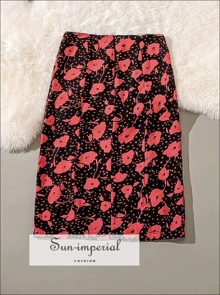 Black with Red Flower Print Midi Vintage Skirt High Waist Fit