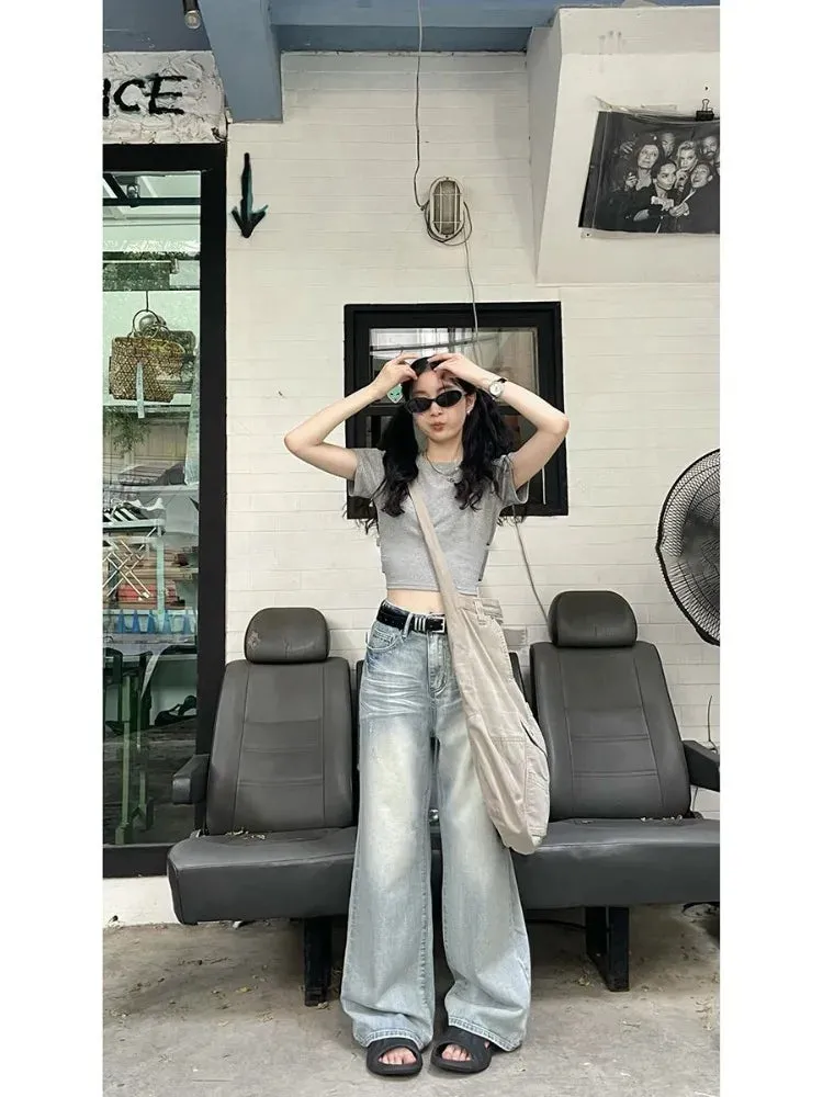 Blue Baggy Women Kpop Y2K Vintage Distressed Streetwear Oversize Wide Leg Pant