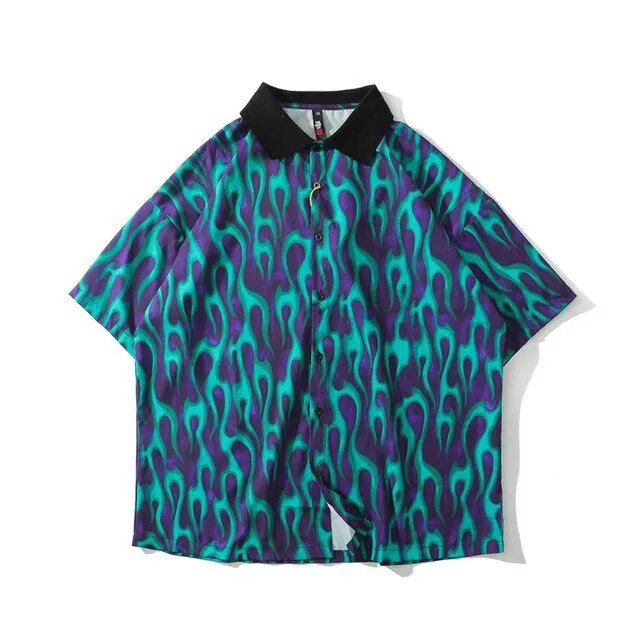 Blue Flame Print Harajuku Shirt Mens Hip Hop Streetwear Hawaiian Shirt Fashion Oversized Short Sleeve Korean Tops